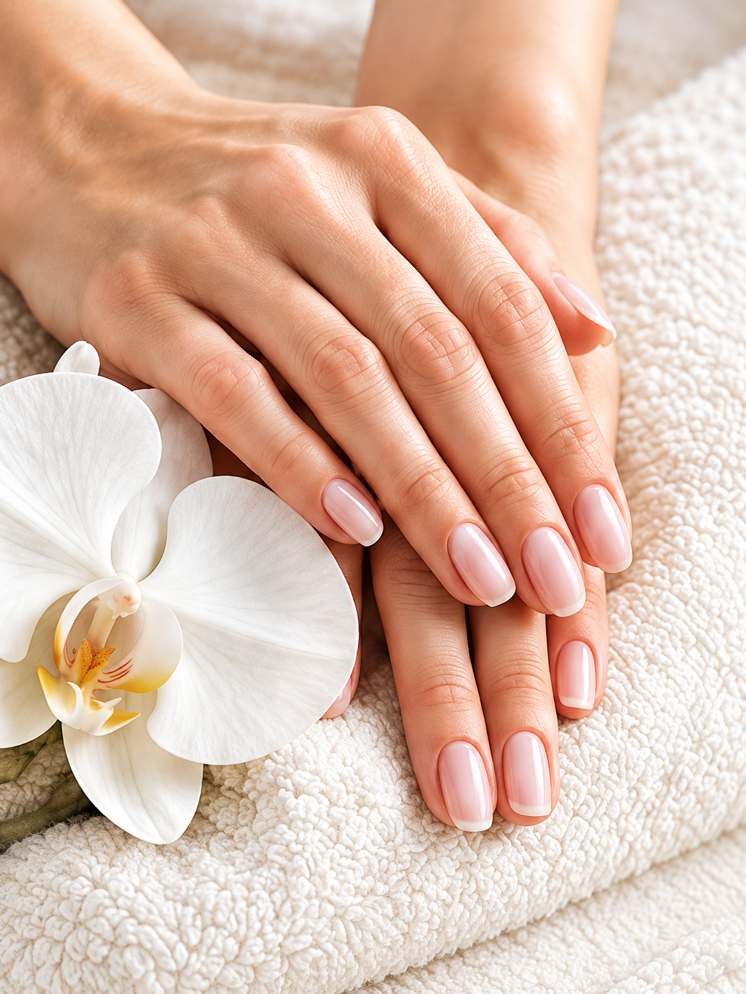 Soft pink manicured nails resting on a spa towel beside a white orchid